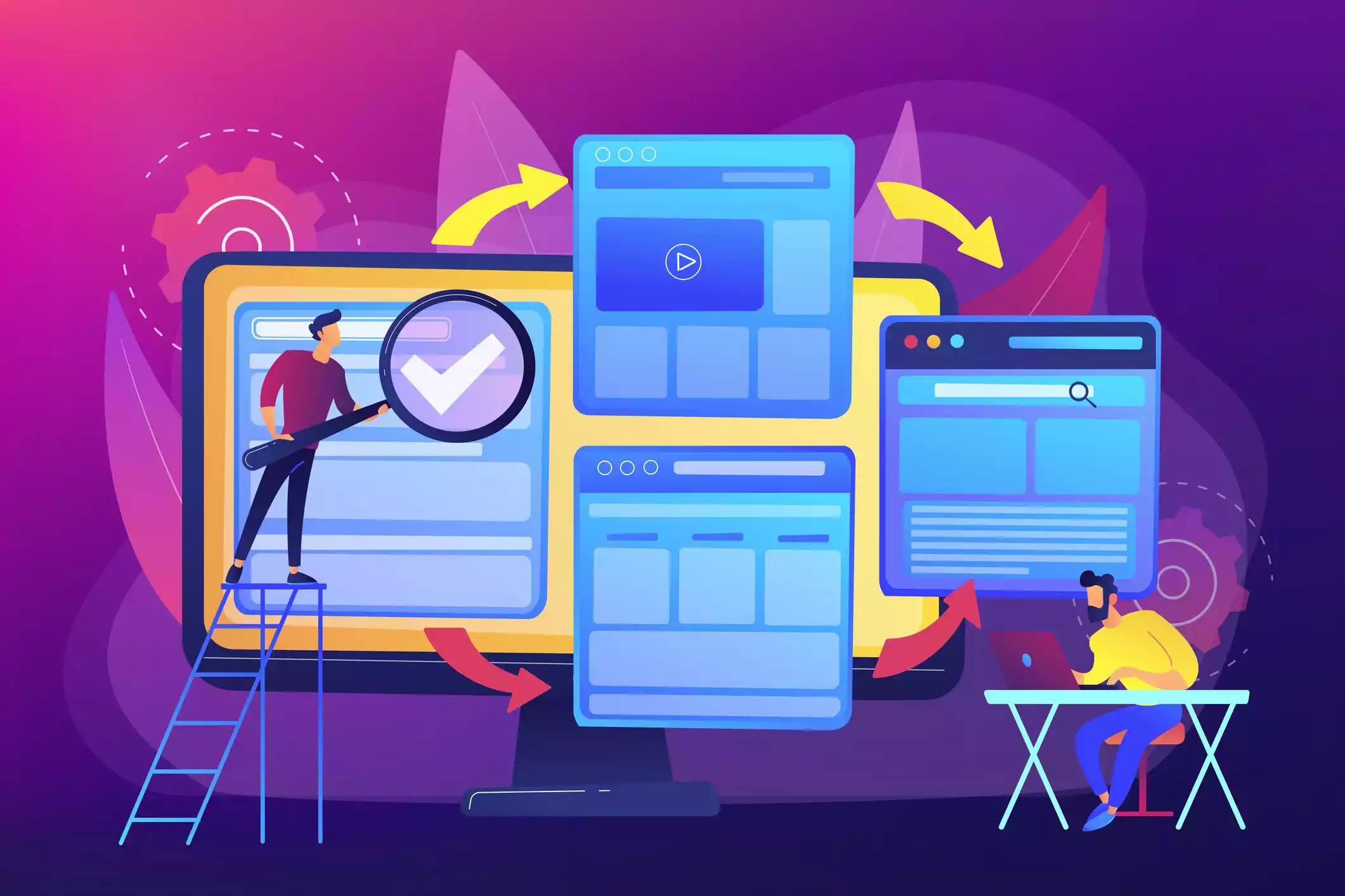 Colorful illustration of web design teamwork with a person on a ladder, magnifying glass, and multiple floating UI screens.
