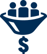 Lead-Generation Blue icon of a group of people seated on a boat-shaped figure with a dollar sign beneath, symbolizing funding or charity.