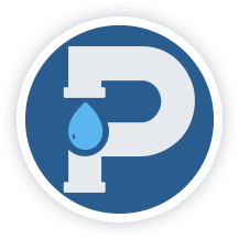 Circular logo on dark blue background featuring a large white P and a blue water drop at its lower-left, inside a white ring.