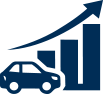 Traffic-Growth Blue icon showing a car beside a rising bar chart with an upward arrow, symbolizing automotive growth.