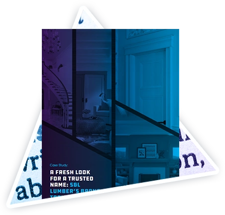 Blue-tinted interior photo collage framed by a white triangle; text hints at a case study for a trusted lumber brand.