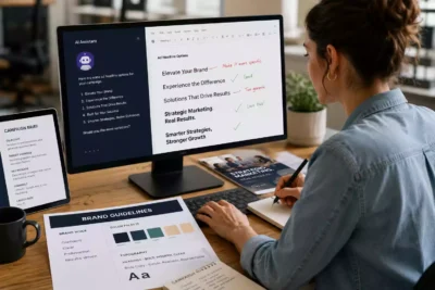 Copywriter refining AI-generated marketing content