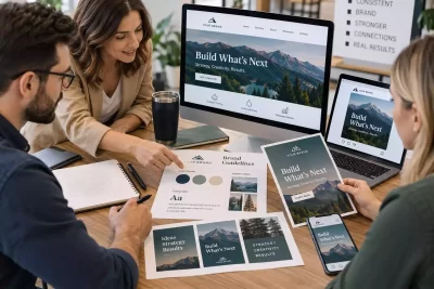 Marketing team reviewing brand consistency and visual identity across marketing channels