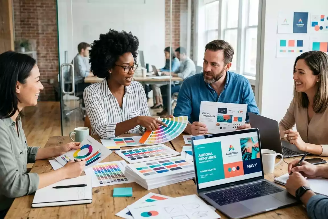 Marketing team using color psychology to develop a brand palette