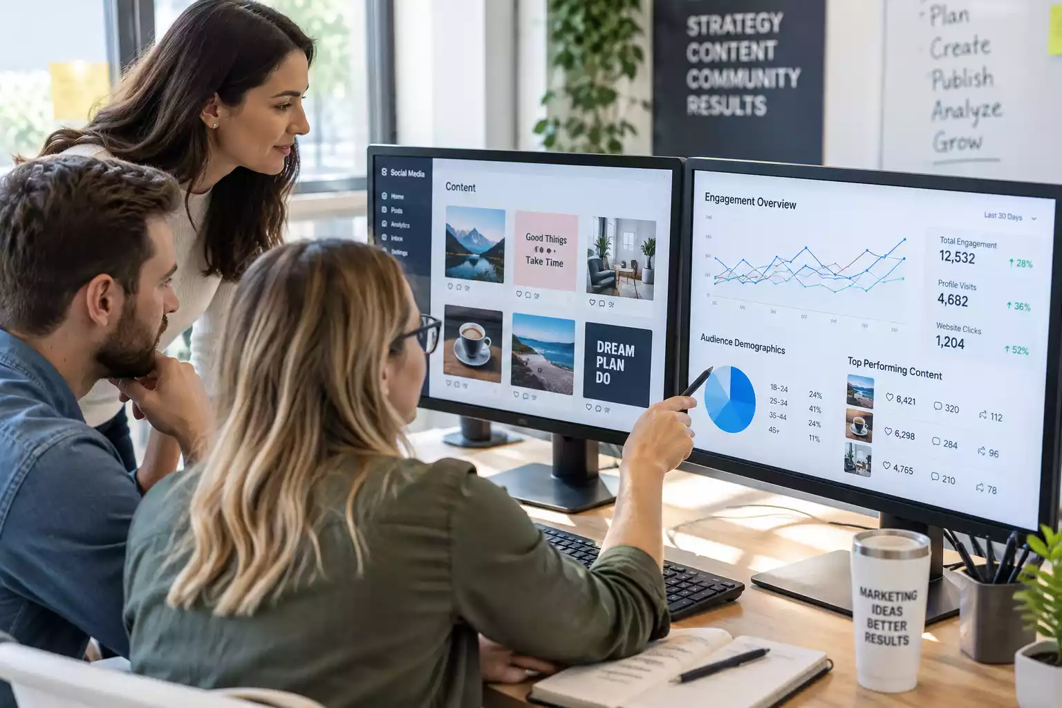 Marketing team reviewing social media analytics and content strategy
