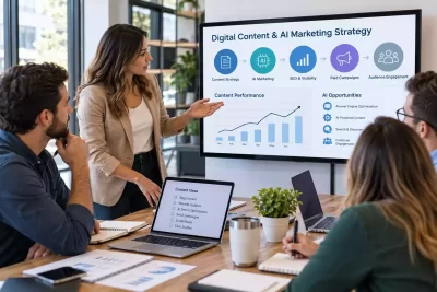 Business team planning an AEO, SEO and AI marketing strategy