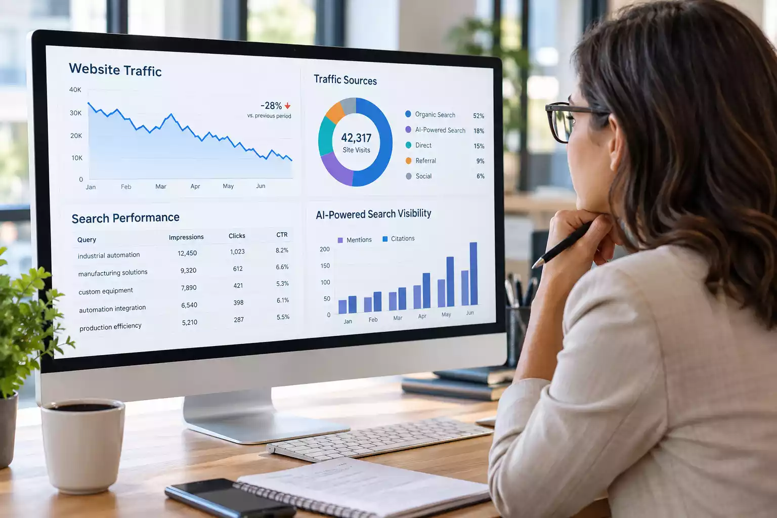 Marketing professional reviewing AEO and SEO performance