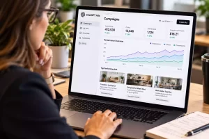 Marketing professional reviewing a ChatGPT Ads campaign