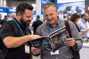Manufacturing professionals networking through an association publication